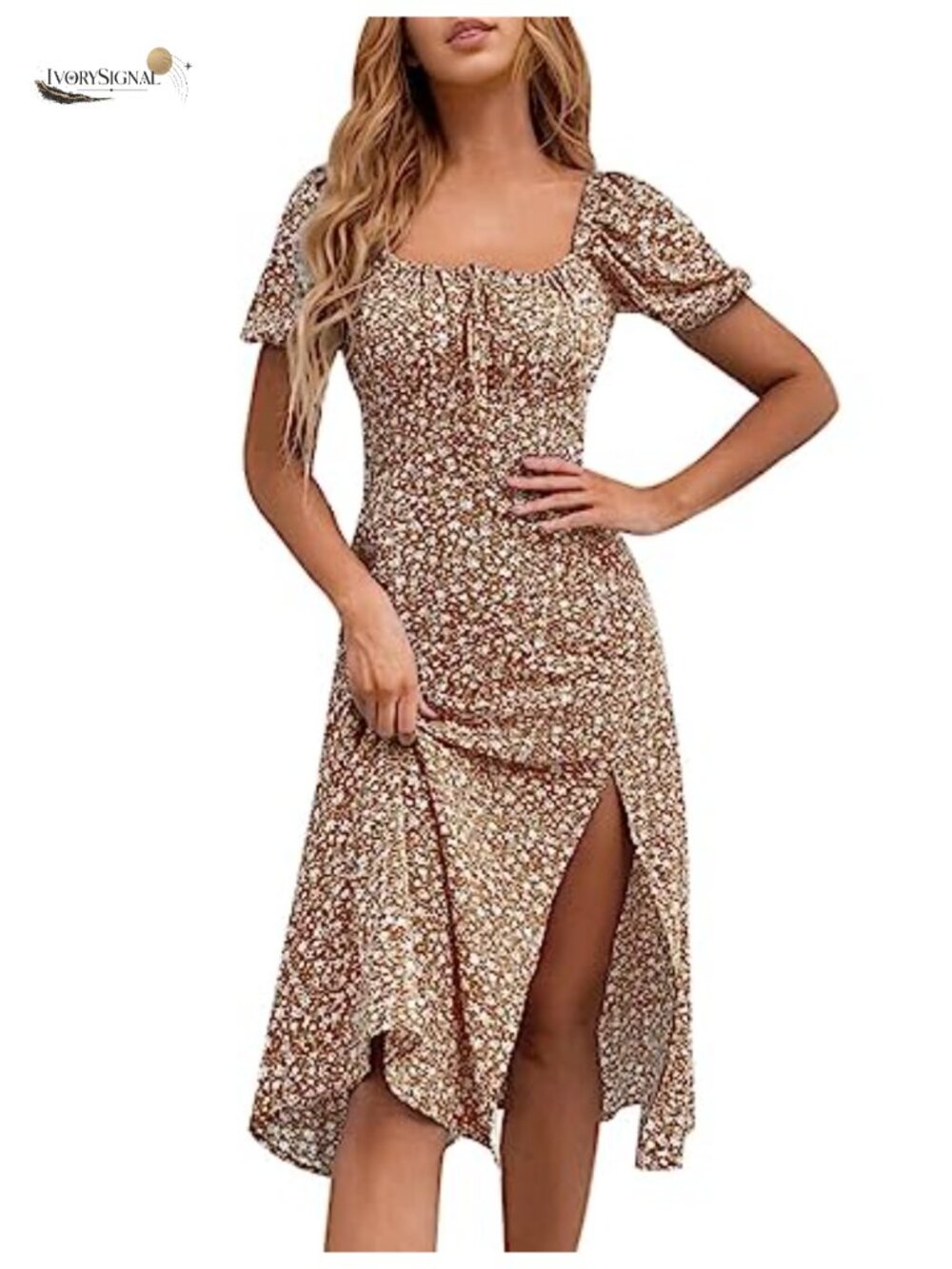 Women's Floral Summer Casual Dress Square Neck Puff Sleeve Boho Midi Ruched